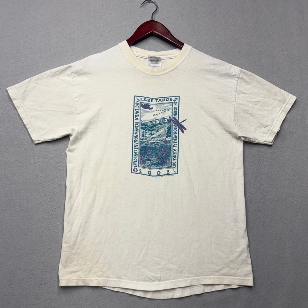 Port and Company T-Shirt Mens M White Lake Tahoe Science Day 2002 Y2K Stains
